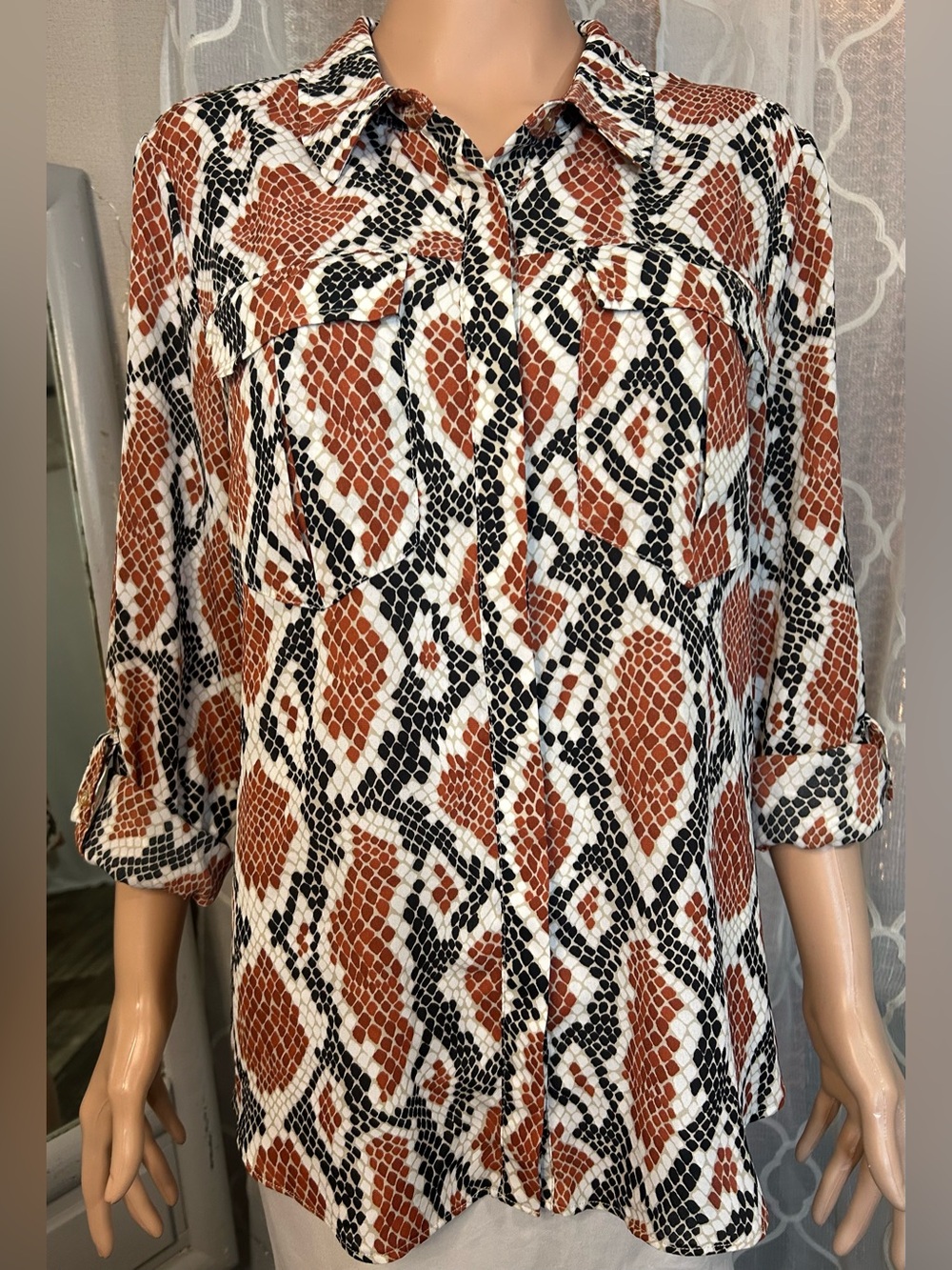 Cato Black White and Rust Snake Print Blouse